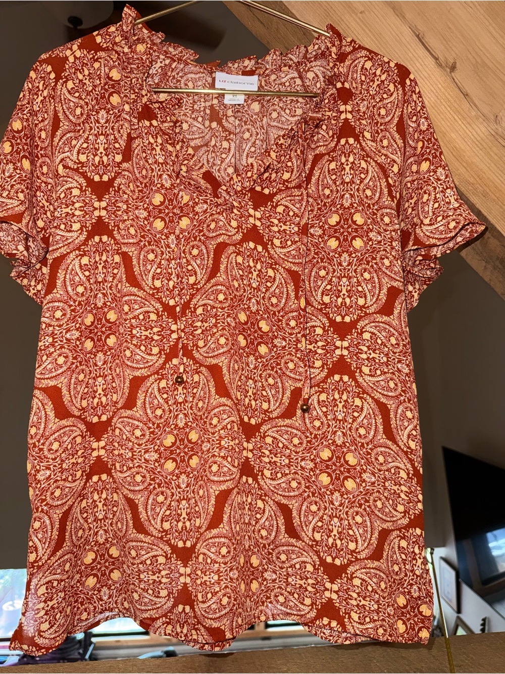 Liz Claiborne Rust and Cream Paisley Ruffle Neck Blouse